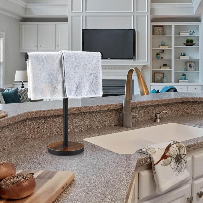 BCOZLUX Towel Holder Stand, Countertop Hand Towel Stand for Bathroom and Kitchen, Free Standing Counter Towel Rack with Weighted Wood Base, Rustic Black and Brown - Image 3